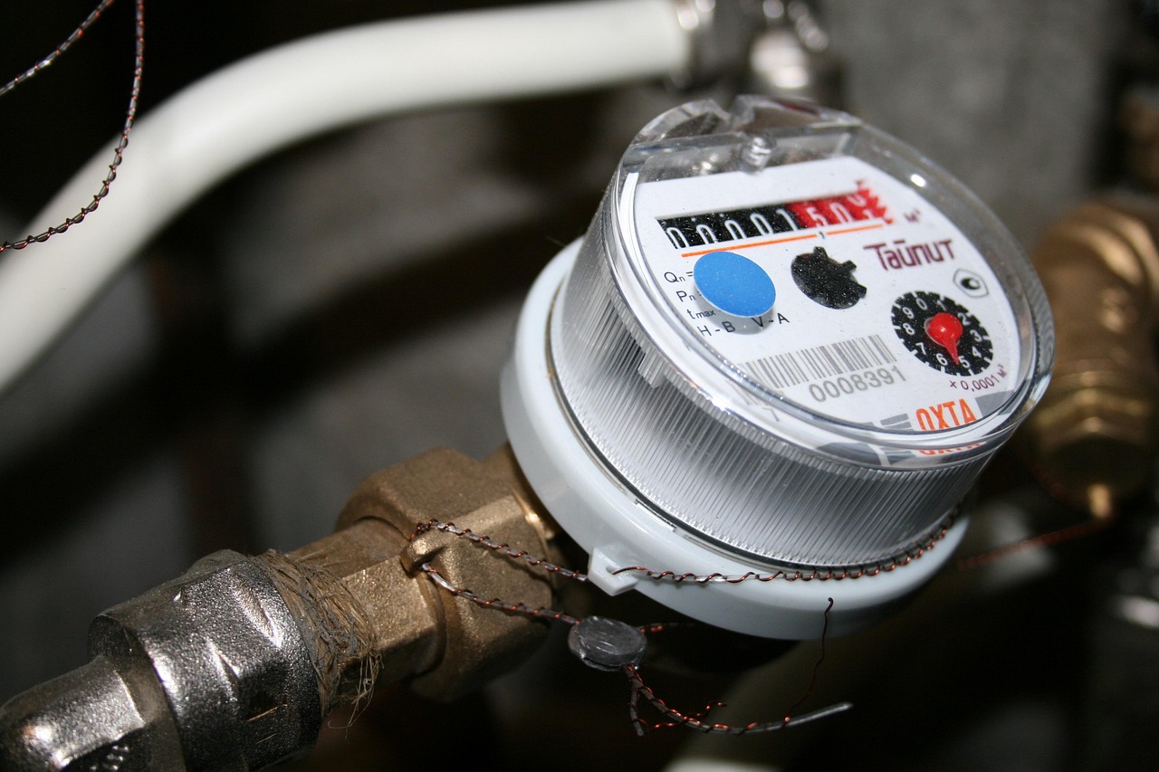 A residential water meter connected to brass pipe fittings
